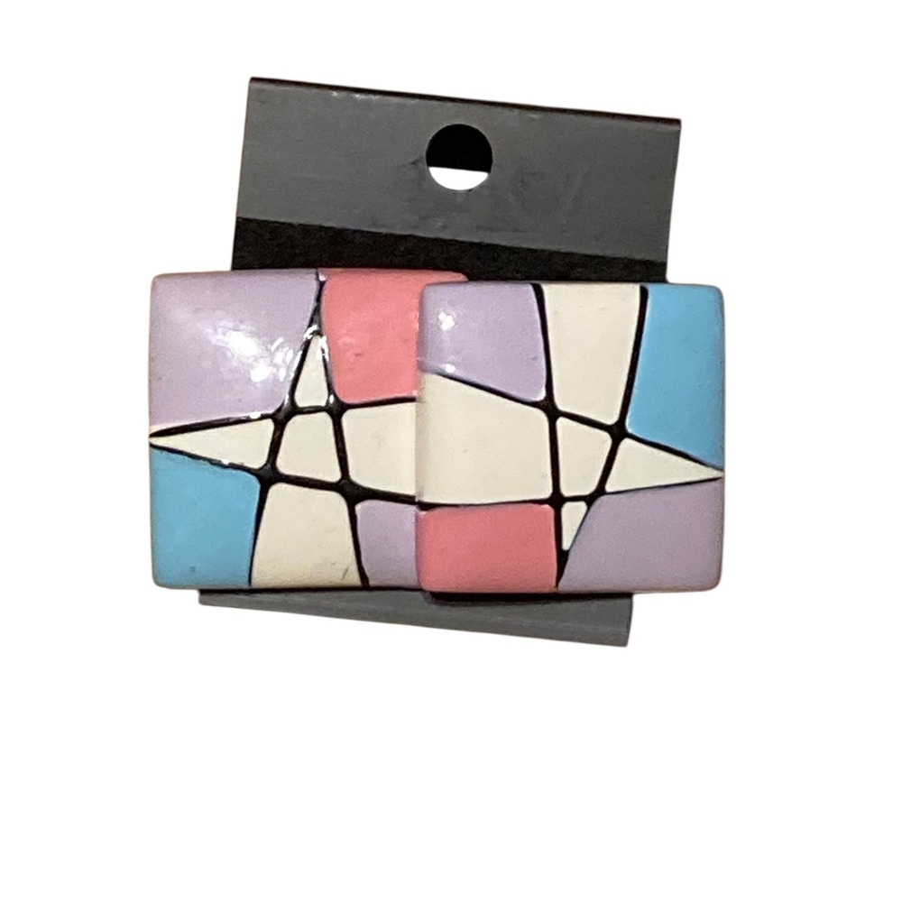 Vintage Geometric Pastel Mosaic Stud Earrings Pink Purple Square Enamel Studs